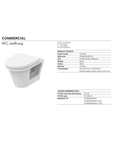 Комплект подвесной унитаз Toto CF CW132Y#NW1 + VC130 + система инсталляции Geberit 458.124.21.1