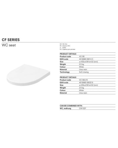 Комплект подвесной унитаз Toto CF CW132Y#NW1 + VC130 + система инсталляции Geberit 458.125.11.1