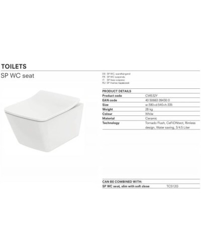 Комплект подвесной унитаз Toto SP CW532Y + TC512F + система инсталляции Grohe 38772001