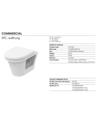 Комплект подвесной унитаз Toto CF CW132Y#NW1 + VC130 + система инсталляции Tece 9300302 + 9240921