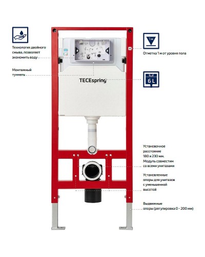 Инсталляция Tece Spring S955203 для унитаза с Белой глянцевой клавишей смыва