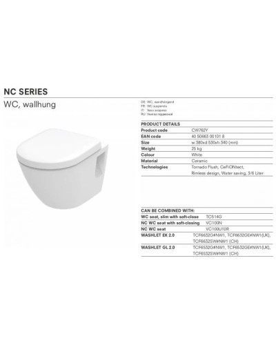 Комплект подвесной унитаз Toto NC CW762Y + VC100N + система инсталляции Villeroy & Boch 92246100 + 92249061