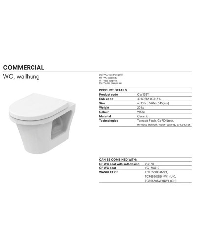 Комплект подвесной унитаз Toto CF CW132Y#NW1 + VC130 + система инсталляции Geberit 111.362.00.5 + 115.882.DW.1