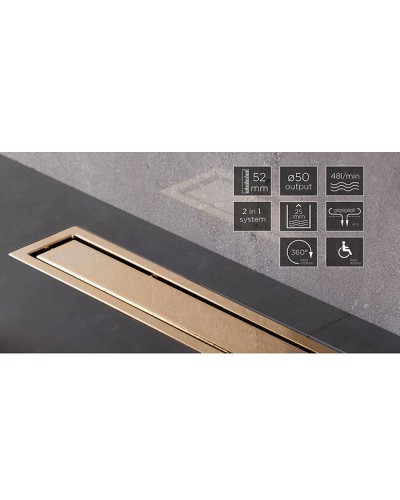 Душевой лоток Pestan Confluo Premium Line 950 Gold 13100167 с двухсторонней решеткой Золото глянцевое / полая под плитку