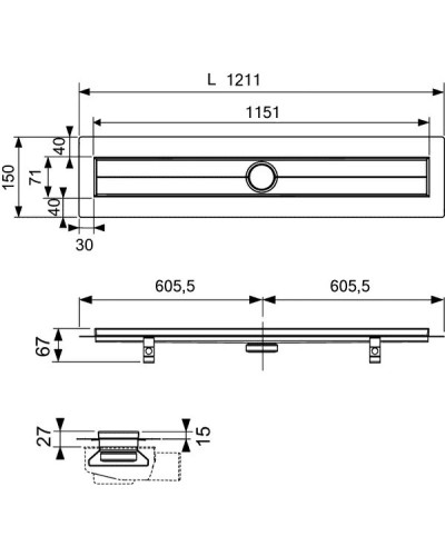 Душевой канал 1143 мм нержавеющая сталь Tece TECEdrainline organic 601200 + 650000 + 660016 + 601261