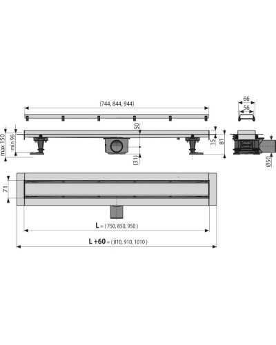 Душевой канал 944 мм глянцевый хром, 2 в 1 с основой под плитку AlcaPlast APZ13-Double9 APZ13-DOUBLE9-950