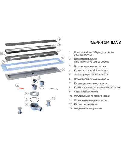 Душевой трап (лоток) Vincea Optima-S SAY.603.80.S.U 80 см, с решеткой, под плитку