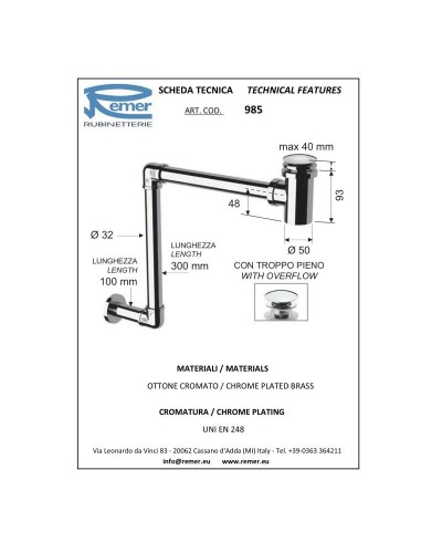 Сифон для раковины с донным клапаном с переливом Remer 985
