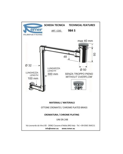 Сифон для раковины с донным клапаном без перелива Remer 984S