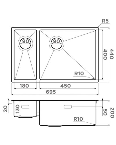 Кухонная мойка Omoikiri Taki 69-2-U/IF-IN-R Side нержавеющая сталь 4993182