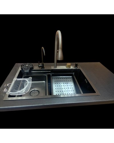 Кухонная мойка Zandini черная с краном «Водопад» Размеры: 800x500x200