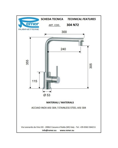 Смеситель для кухни Remer 304 INOX 304N72