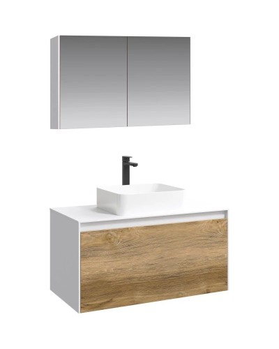 Комплект мебели белый глянец/ дуб балтийский 100 см Aqwella 5 Stars Mobi MOB0110W + MOB0710DB + 641945 + MOB0410 + MOB0717W