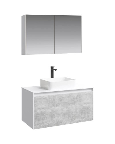 Комплект мебели белый глянец/ бетон светлый 100 см Aqwella 5 Stars Mobi MOB0110W + MOB0710BS + 4640021064269 + MOB0410 + MOB0717W