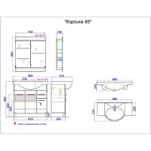 Комплект мебели белый глянец 88 см Aqwella Corsica KOR0108 + 4620008197357 + Kor.04.07