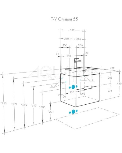 Комплект мебели бежевый/дуб веллингтон 55 см Акватон Оливия 1A254201OLVG0 + 1WH501620 + 1A256502A1010