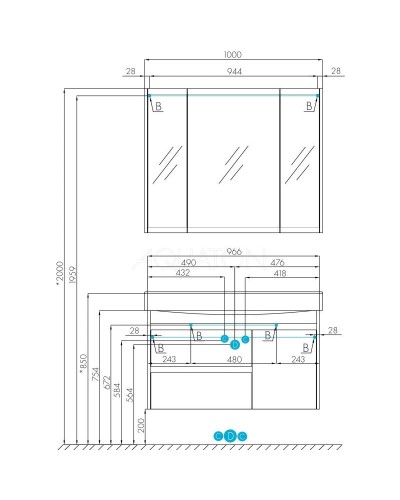 Комплект мебели белый глянец/дуб эндгрейн 100 см Акватон Нортон 1A249001NT010 + 1WH302502 + 1A249302NT010