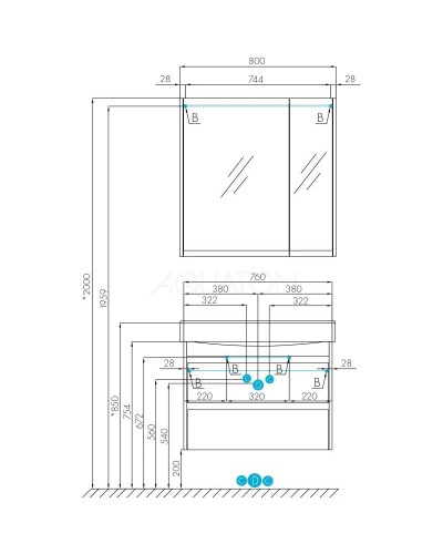 Комплект мебели белый глянец/дуб эндгрейн 80 см Акватон Нортон 1A248901NT010 + 1WH302422 + 1A249202NT010