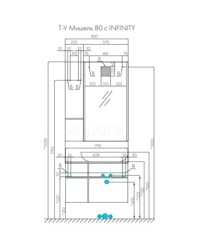 Комплект мебели дуб рустикальный/фьорд 80 см Акватон Мишель 1A256801MIX30 + 1A256603MIDR0 + 1AX169WBXX000 + 1A253902MIX40 + 1A244303MIX30