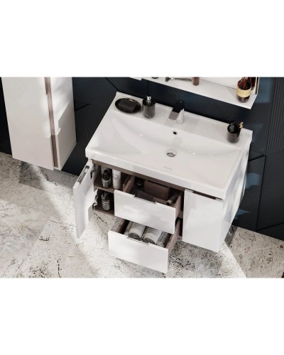 Комплект мебели белый глянец/грецкий орех 80 см Акватон Рене 1A258601NRC80 + 1WH302251 + 1A222502NRC80