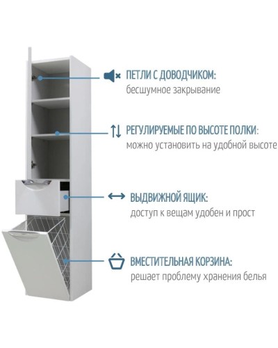 Пенал подвесной дуб полярный с бельевой корзиной  L Акватон Сильва 1A215603SIW7L