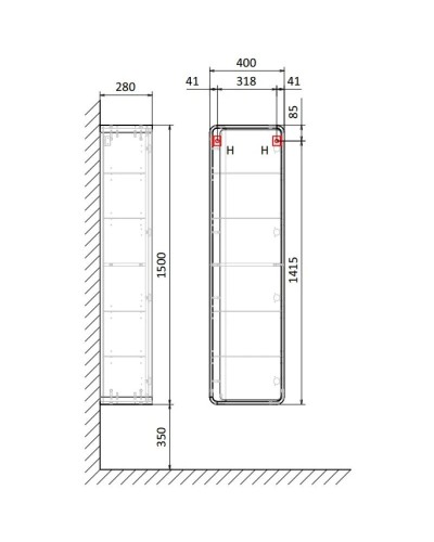 Пенал подвесной белый/дуб Jorno Ronda Ron.04.150/P/D-W