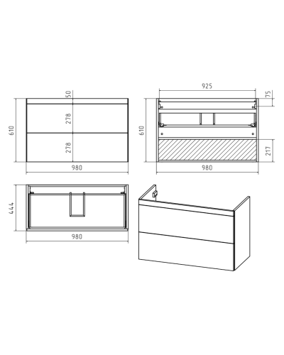 Атлантик -100 Тумба подвесная с 2 ящ. закруг. края серый камень