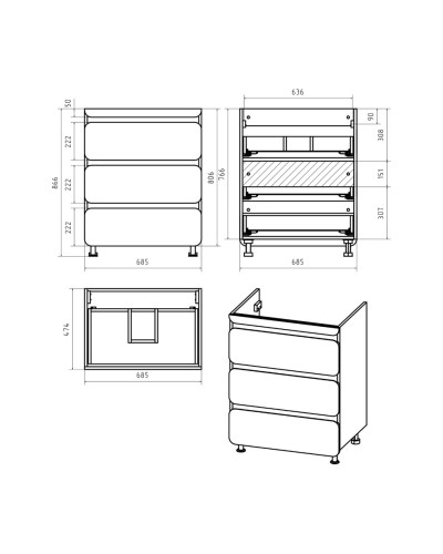 Чегет - 70 Тумба напольная 3 ящ. под стиральную машину, белая