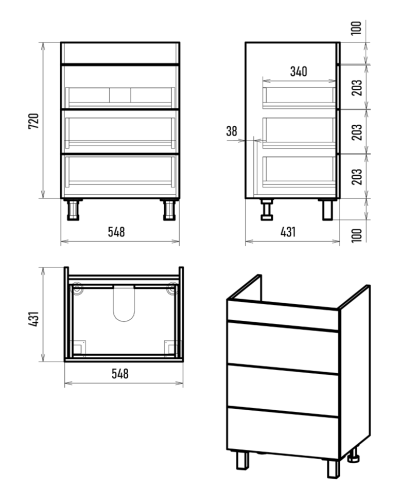 GLOSTER - 60 Тумба с 3 ящ. напольная, графит