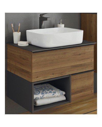 Тумба с раковиной Comforty Штутгарт 75 00-00001884 подвесная Дуб темно-коричневый Черная столешница