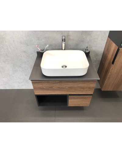 Тумба с раковиной Comforty Штутгарт 75 00-00001884 подвесная Дуб темно-коричневый Черная столешница