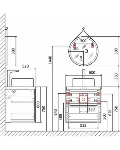 Тумба под раковину Jorno Wood 60 wood.01.60/P/GR подвесная Серая