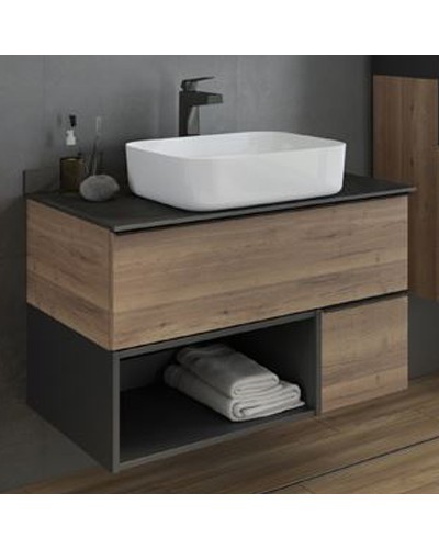 Тумба с раковиной Comforty Штутгарт 90 00-00002868 подвесная Дуб темно-коричневый Черная матовая