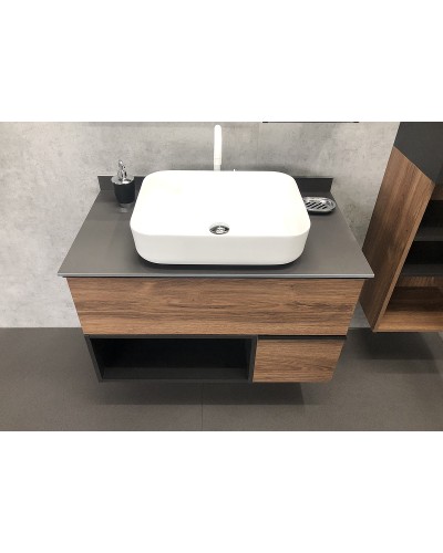 Тумба с раковиной Comforty Штутгарт 90 00-00002868 подвесная Дуб темно-коричневый Черная матовая