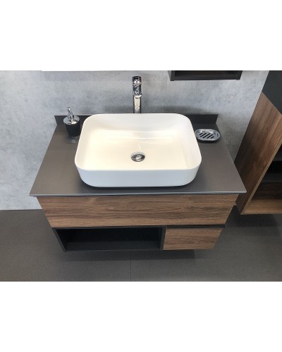 Тумба с раковиной Comforty Штутгарт 90 00-00002868 подвесная Дуб темно-коричневый Черная матовая