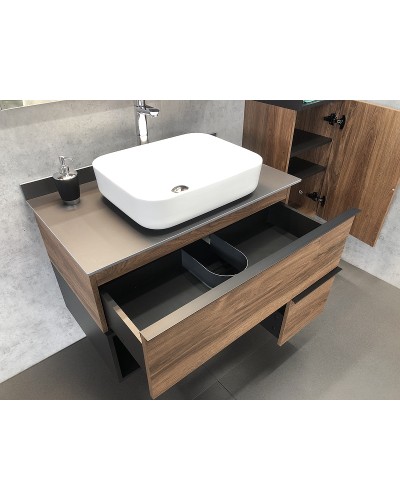 Тумба с раковиной Comforty Штутгарт 90 00-00002868 подвесная Дуб темно-коричневый Черная матовая