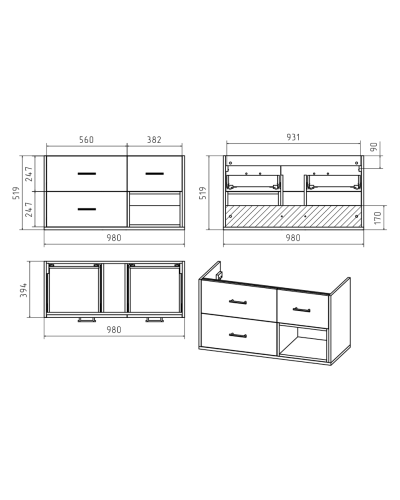 Фетта -100 Тумба белая подв. с 3 ящ. и нишей / раковина