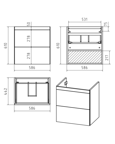 Атлантик - 60 Тумба подвесная с 2 ящ. закруг. края серый камень