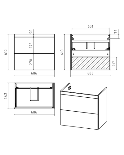 Атлантик - 70 Тумба подвесная с 2 ящ. закруг. края серый камень