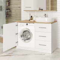 Респект -110 Тумба с 3 ящ. под стиральную машину правая (белая ПВХ/Дуб Тиссано) / раковина