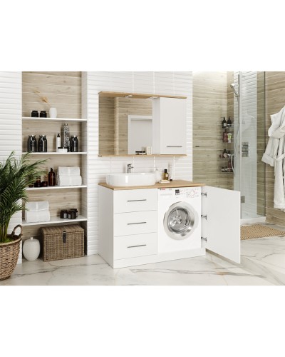 Респект -120 Тумба с 3 ящ. под стиральную машину правая (белая ПВХ/Дуб Тиссано) / раковина