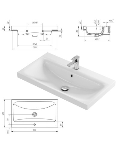 Лира - 80 Тумба прямая напольная  белая эмаль с отталкив. / раковина