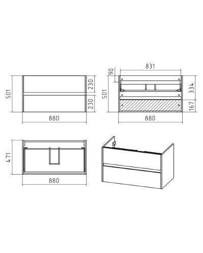 Алиса - 90 тумба 2 ящ. подвесная белая эмаль / раковина