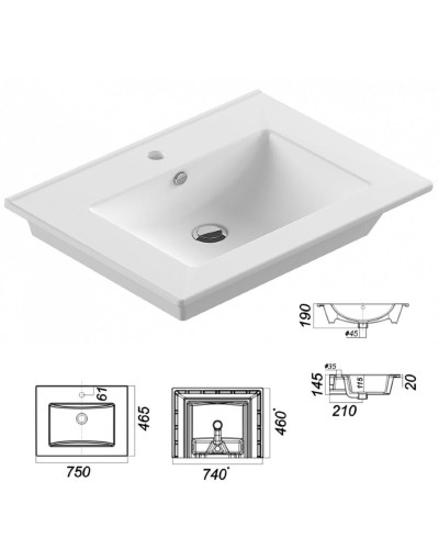 Дунай - 75 Тумба подвесная с 2 ящиками и нишей (цвет Дуб белый) / раковина