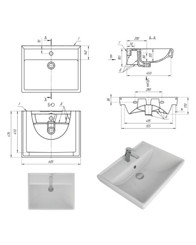 Гармония - 60 Тумба напольная  с 3 ящ. закруг. края белая эмаль (глянец) / раковина
