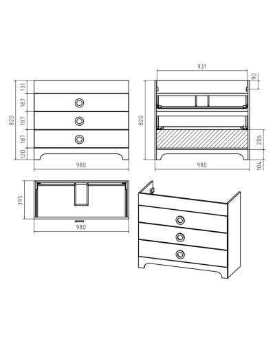 Лейла -100 Тумба с 3 ящ. белая / раковина