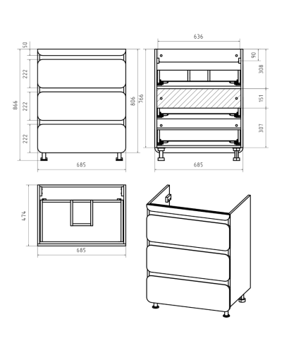 Чегет - 70 Тумба напольная 3 ящ. под стиральную машину, белая / раковина ЛЕВАЯ