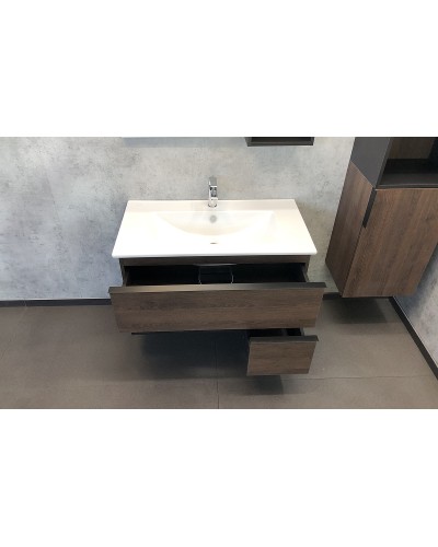 Тумба с раковиной Comforty Франкфурт 90 00004150657 подвесная Дуб шоколадно-коричневый с Белой раковиной