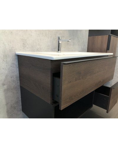 Тумба с раковиной Comforty Франкфурт 90 00004150657 подвесная Дуб шоколадно-коричневый с Белой раковиной