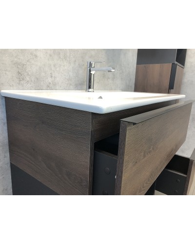 Тумба с раковиной Comforty Франкфурт 90 00004150657 подвесная Дуб шоколадно-коричневый с Белой раковиной